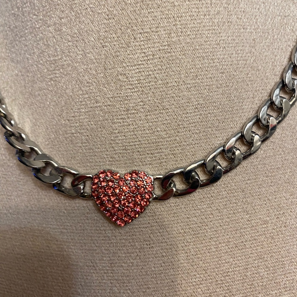 Silver Heart Necklace with Pink Accents